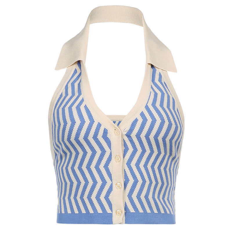 Sexy Fashion Strapless Lapels Halter Vest Wavy Striped Halter Vest l Blanqor