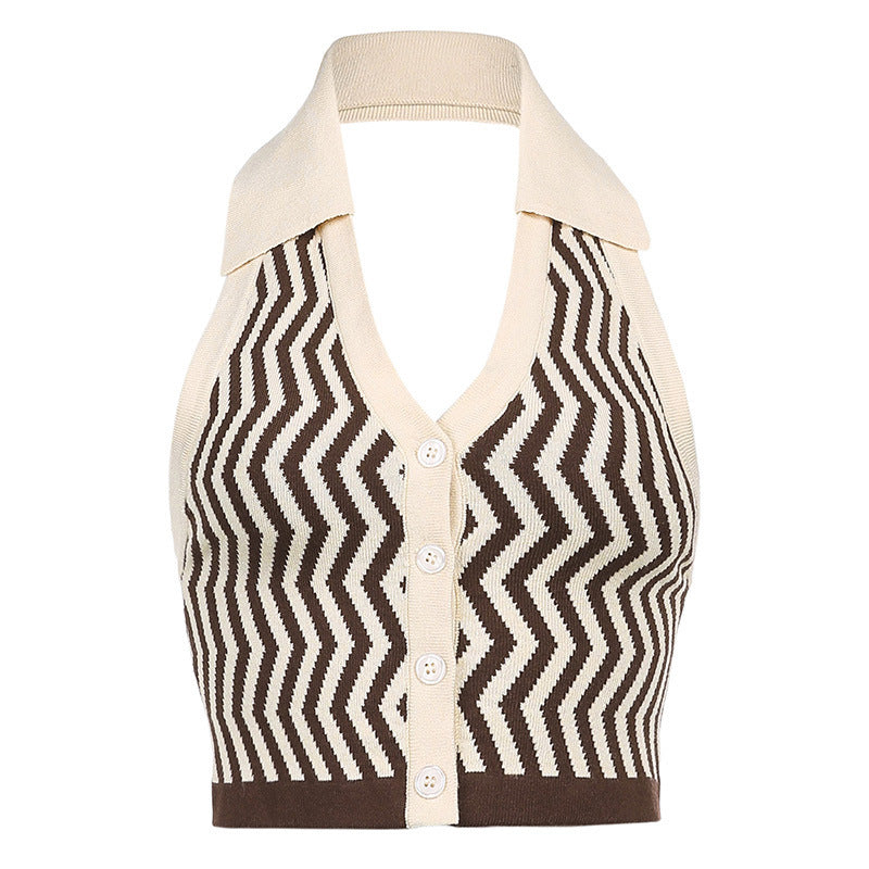 Sexy Fashion Strapless Lapels Halter Vest Wavy Striped Halter Vest l Blanqor