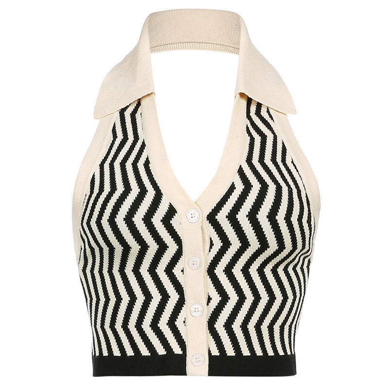 Sexy Fashion Strapless Lapels Halter Vest Wavy Striped Halter Vest l Blanqor