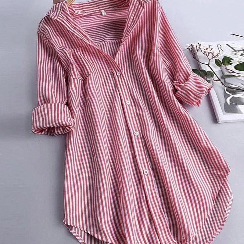 Women's Striped Long Sleeve Bottom Collar Loose Shirt l Blanqor
