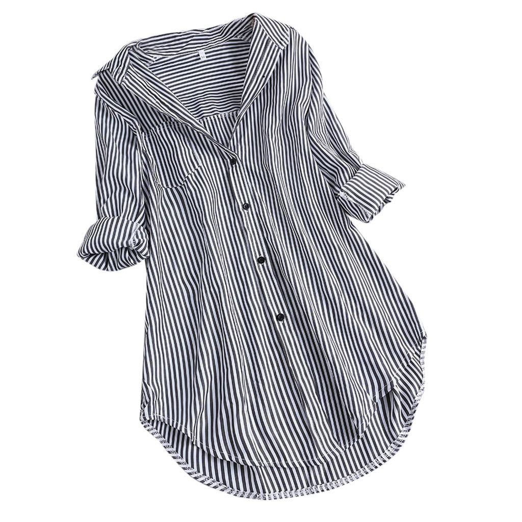 Women's Striped Long Sleeve Bottom Collar Loose Shirt l Blanqor