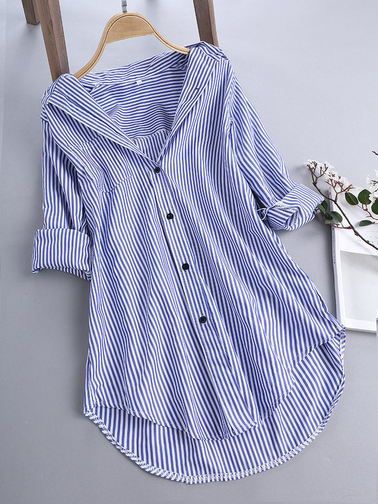 Women's Striped Long Sleeve Bottom Collar Loose Shirt l Blanqor