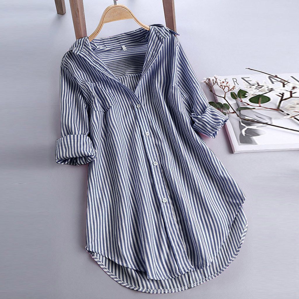 Women's Striped Long Sleeve Bottom Collar Loose Shirt l Blanqor