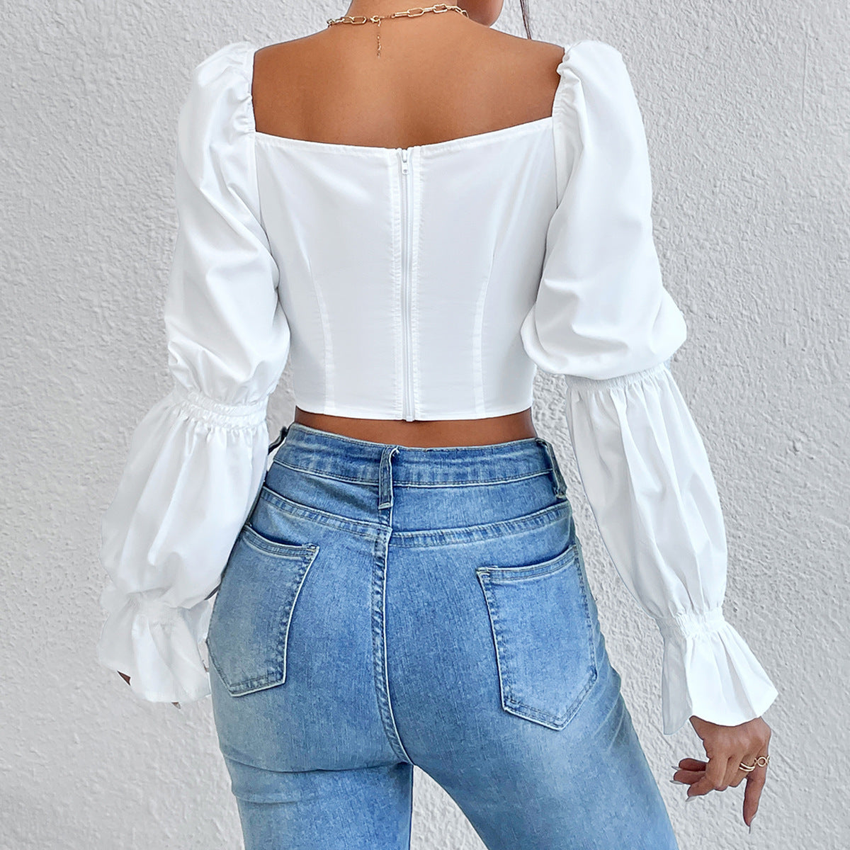 Pure White Long Sleeve Shirt With Lace Up Front And Zippered Back l Blanqor