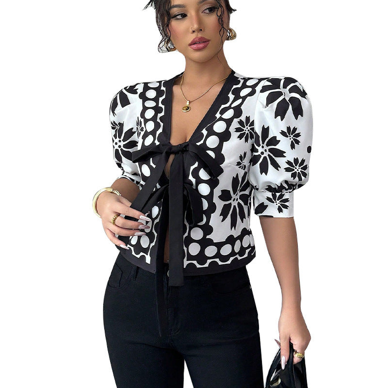Summer New French Pattern Lantern Half Sleeve Shirt | Blanqor