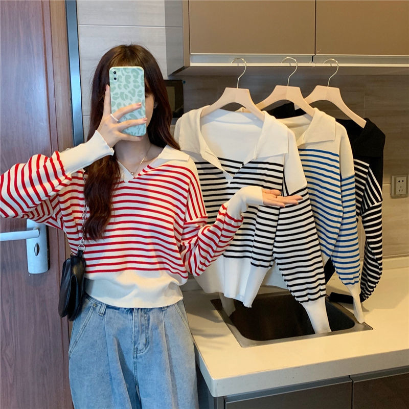 Striped Short Long-sleeved Sweater Lapel Cover l Blanqor