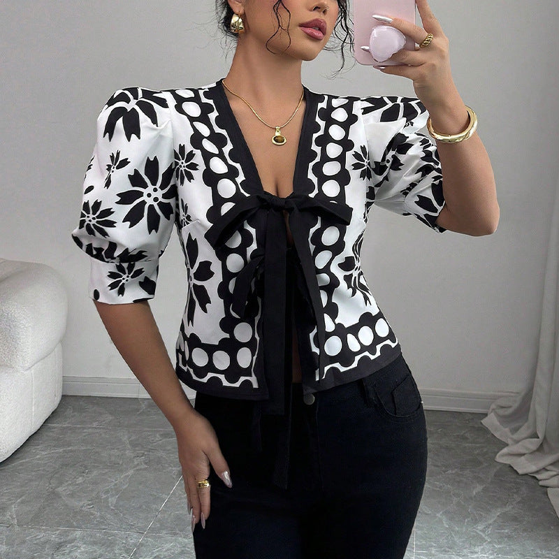 Summer New French Pattern Lantern Half Sleeve Shirt | Blanqor