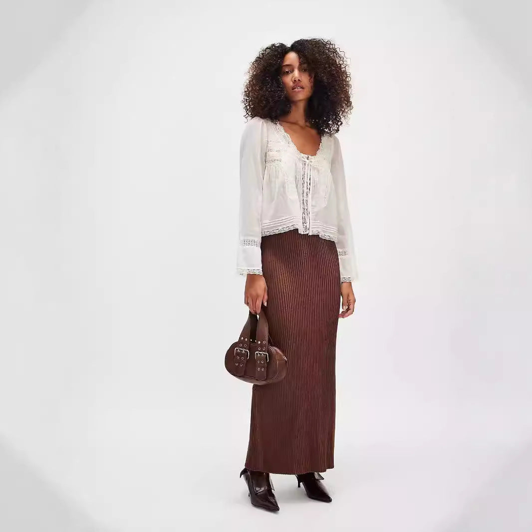 Lace U-shaped Lace Collar Long Sleeve Light Shirt | Blanqor