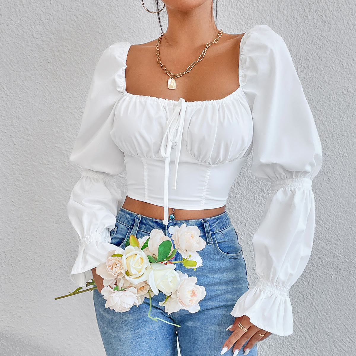 Pure White Long Sleeve Shirt With Lace Up Front And Zippered Back l Blanqor