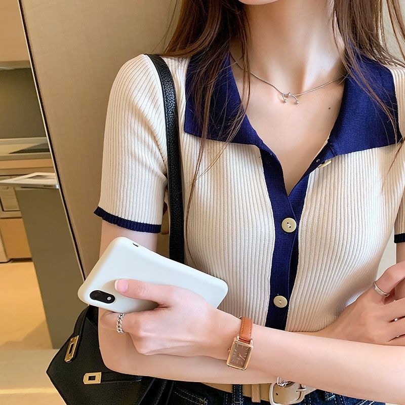 Color Contrast Retro Ice Silk Knitted Cardigan | Blanqor