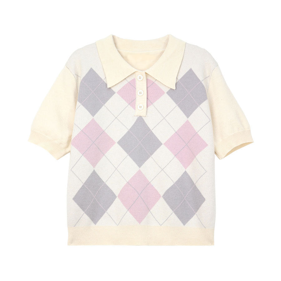 Women's Retro Diamond Polo Collar Short Sleeve Tshirt l Blanqor