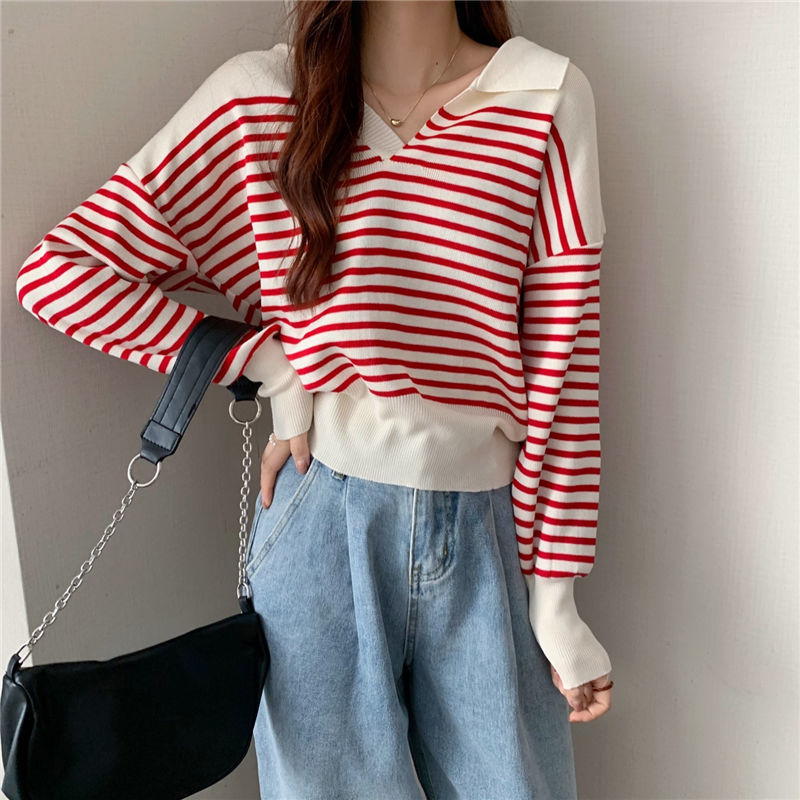 Striped Short Long-sleeved Sweater Lapel Cover l Blanqor