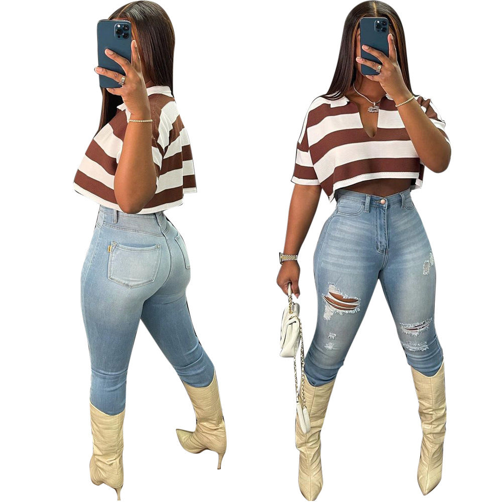 Women's Summer New Sunken Stripe Short-sleeved Top Fashion Positioning Striped Drop-shoulder Sleeve Loose T-shirt | Blanqor