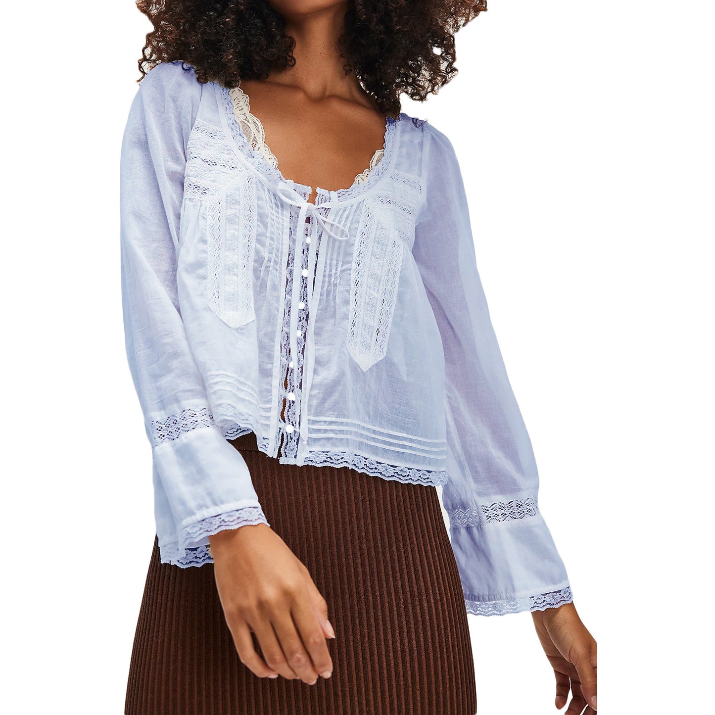 Lace U-shaped Lace Collar Long Sleeve Light Shirt | Blanqor