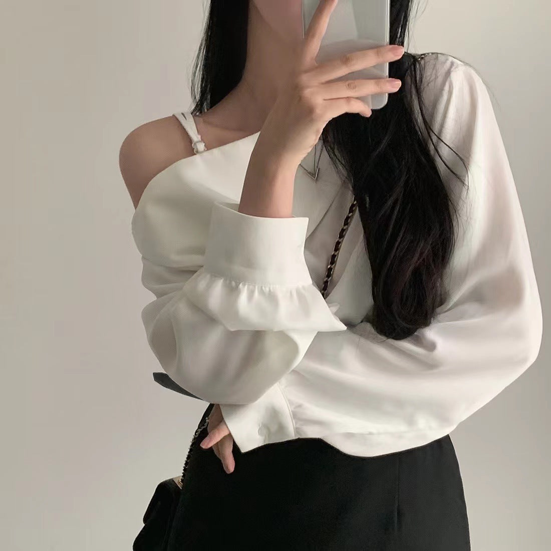 Korean Style High-grade Shirt Beveled Shoulder Off-shoulder Collar | Blanqor