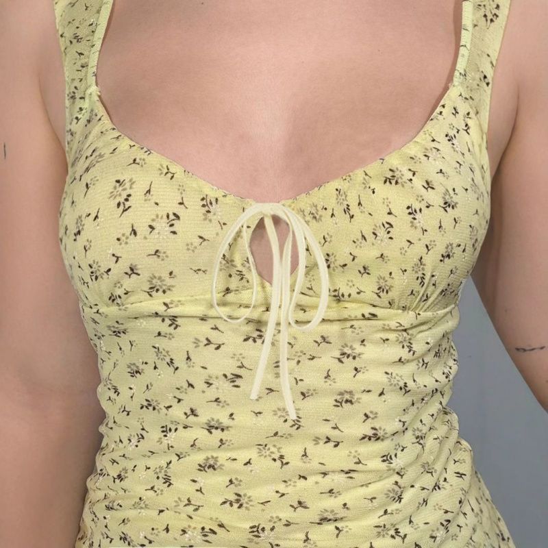 Yellow Floral Mesh Chest Strap Collar Short Sleeve | Blanqor
