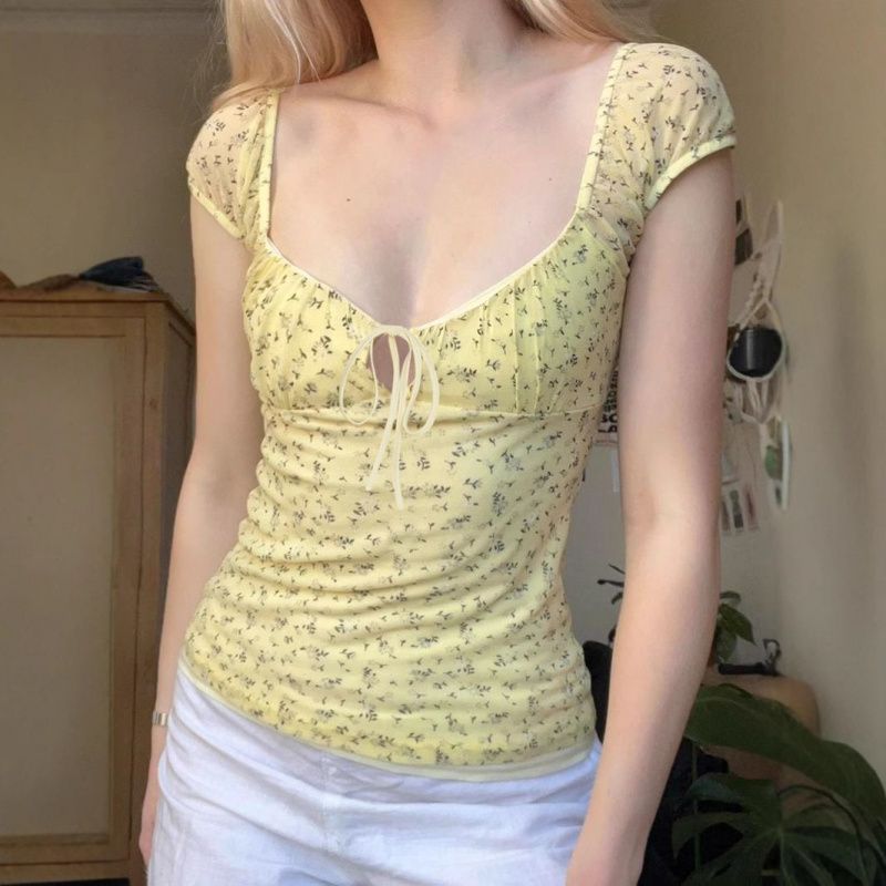 Yellow Floral Mesh Chest Strap Collar Short Sleeve | Blanqor