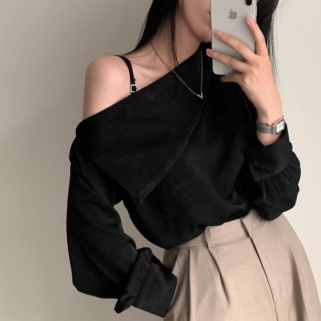 Korean Style High-grade Shirt Beveled Shoulder Off-shoulder Collar | Blanqor
