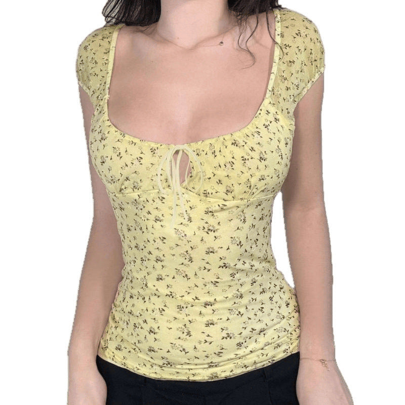 Yellow Floral Mesh Chest Strap Collar Short Sleeve | Blanqor