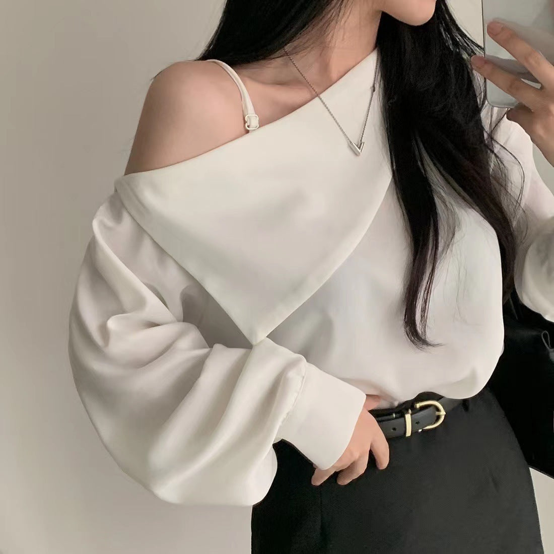 Korean Style High-grade Shirt Beveled Shoulder Off-shoulder Collar | Blanqor