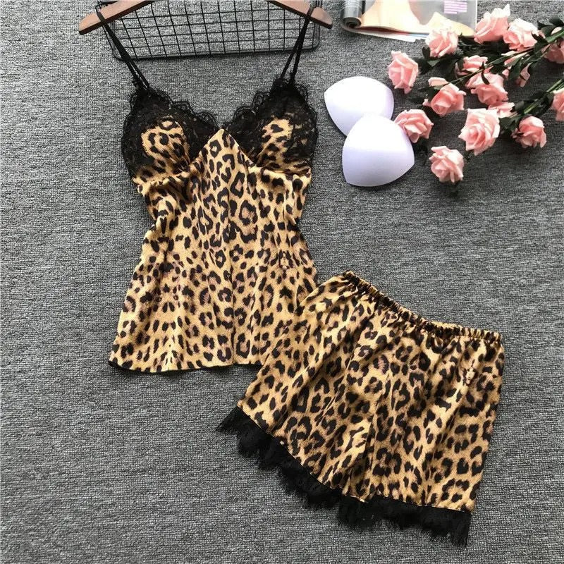 Women's Leopard Print Pajama Set – Lace-Trimmed Camis, Shorts & Robe 3-Piece Set | Blanqor 4