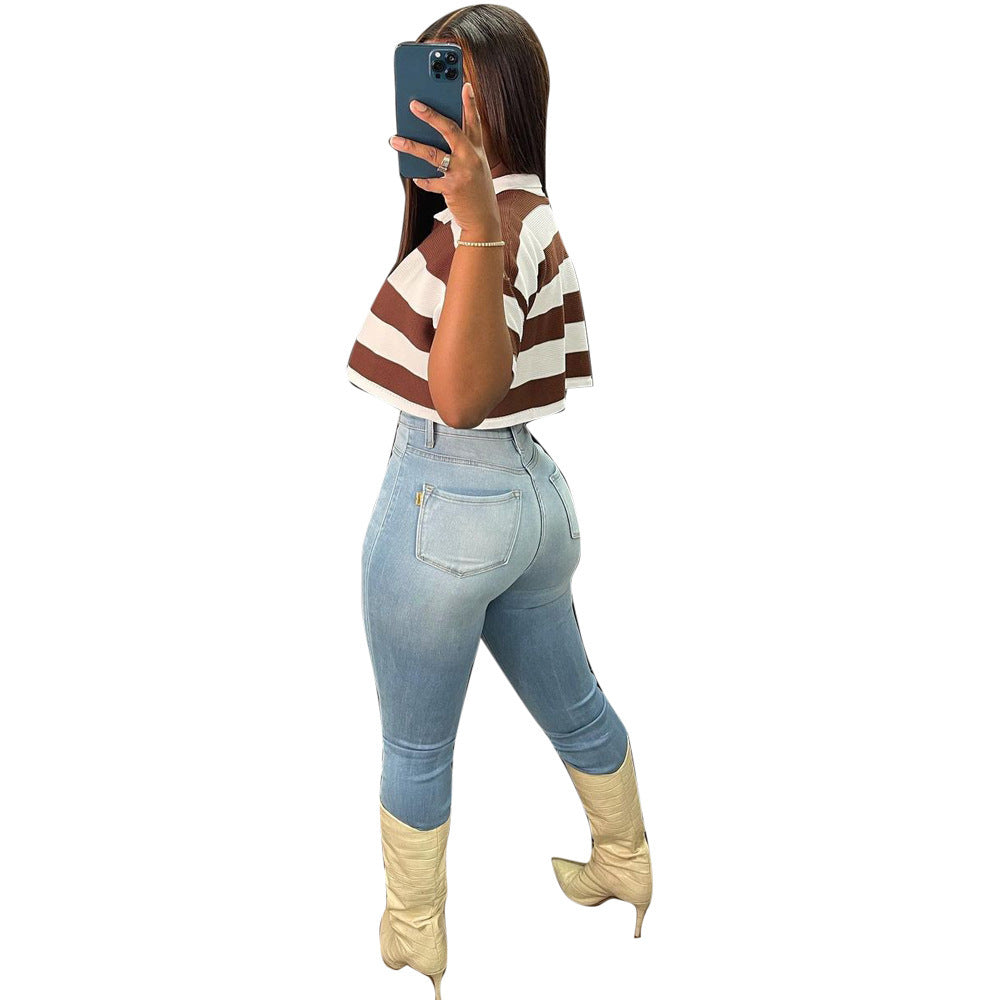 Women's Summer New Sunken Stripe Short-sleeved Top Fashion Positioning Striped Drop-shoulder Sleeve Loose T-shirt | Blanqor
