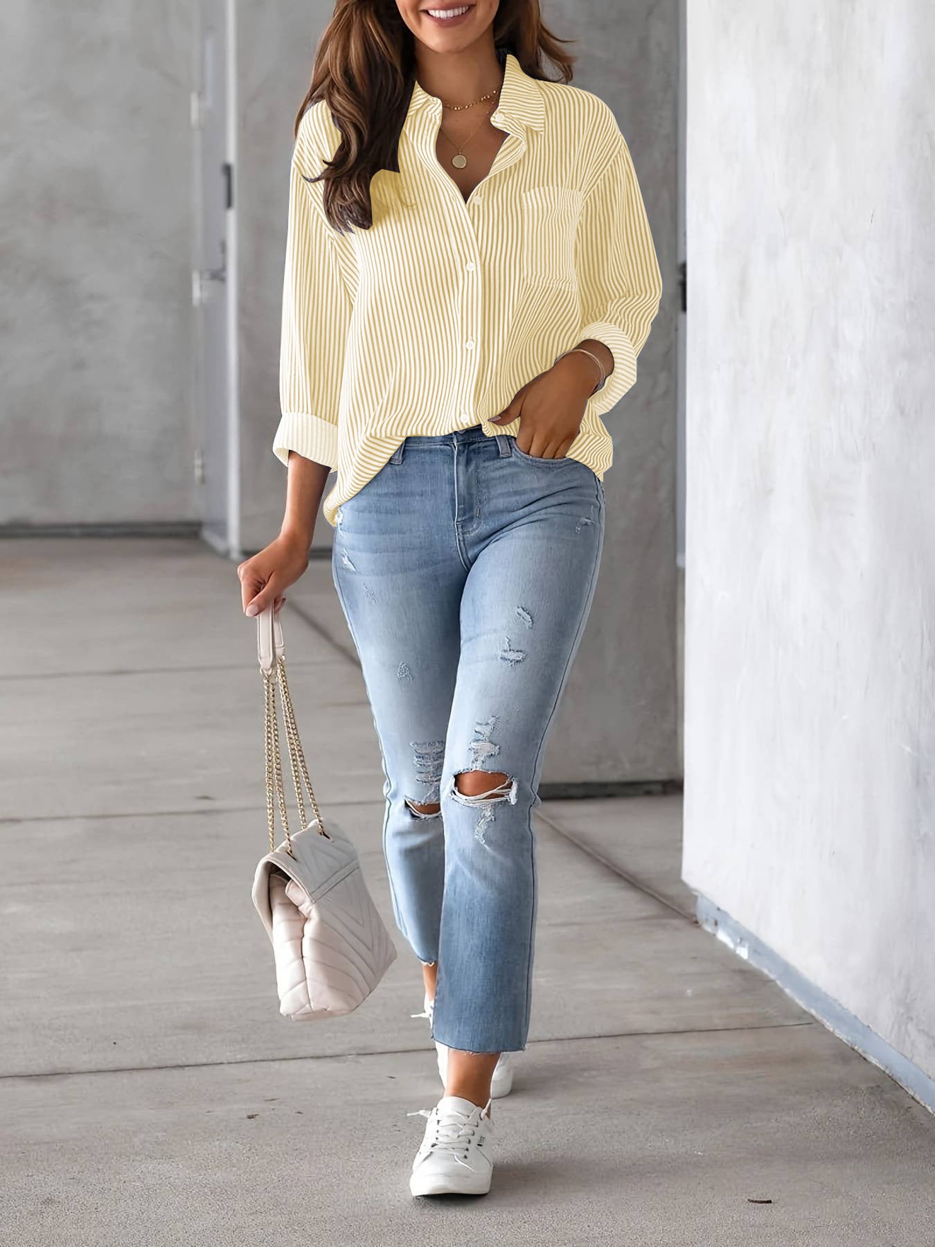 Women's Top Loose Business Casual Long Sleeved Shirt With Pockets | Blanqor