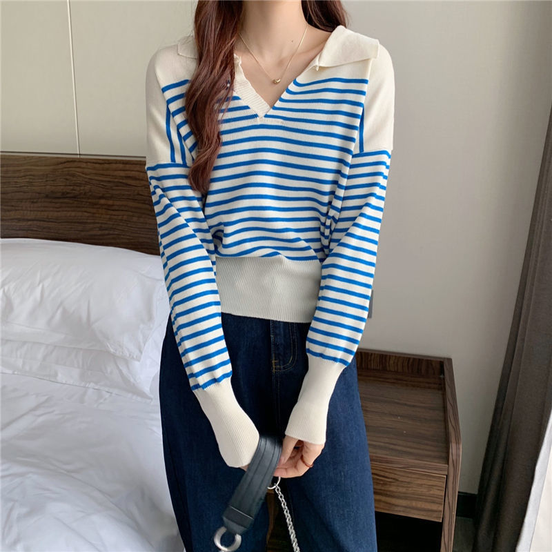 Striped Short Long-sleeved Sweater Lapel Cover l Blanqor