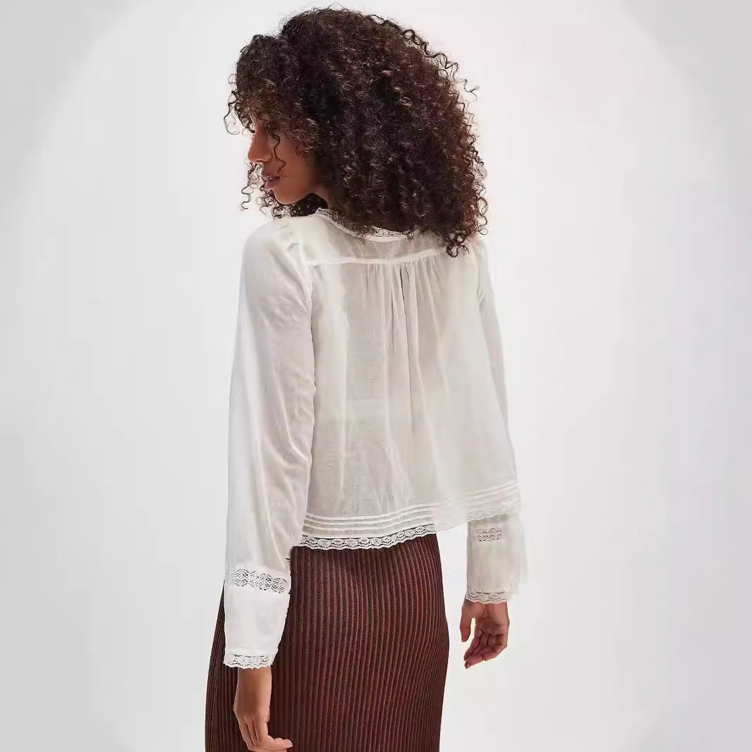 Lace U-shaped Lace Collar Long Sleeve Light Shirt | Blanqor