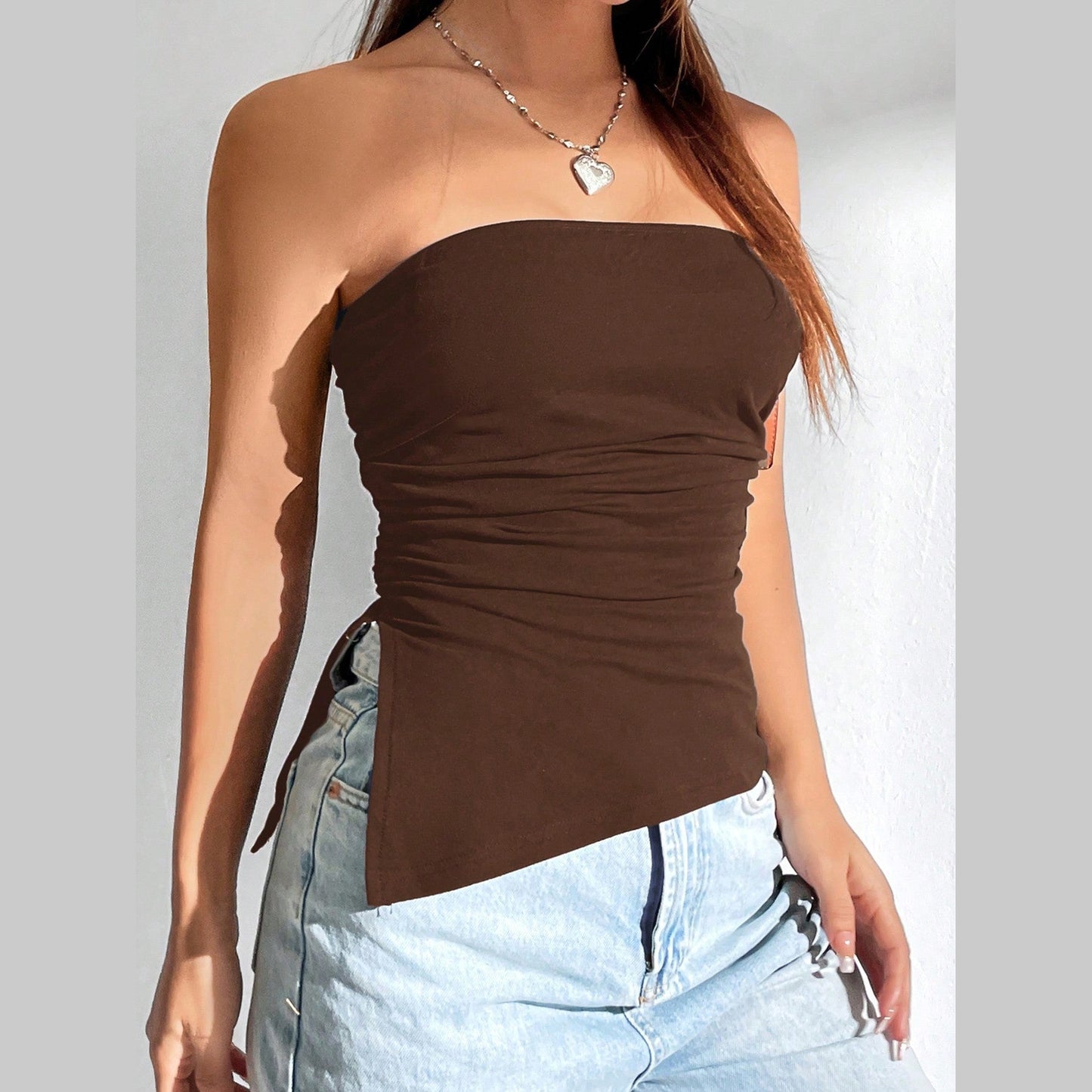 Women Solid Color Ruched Side Slit Hem Bandeau Cami Top l Blanqor