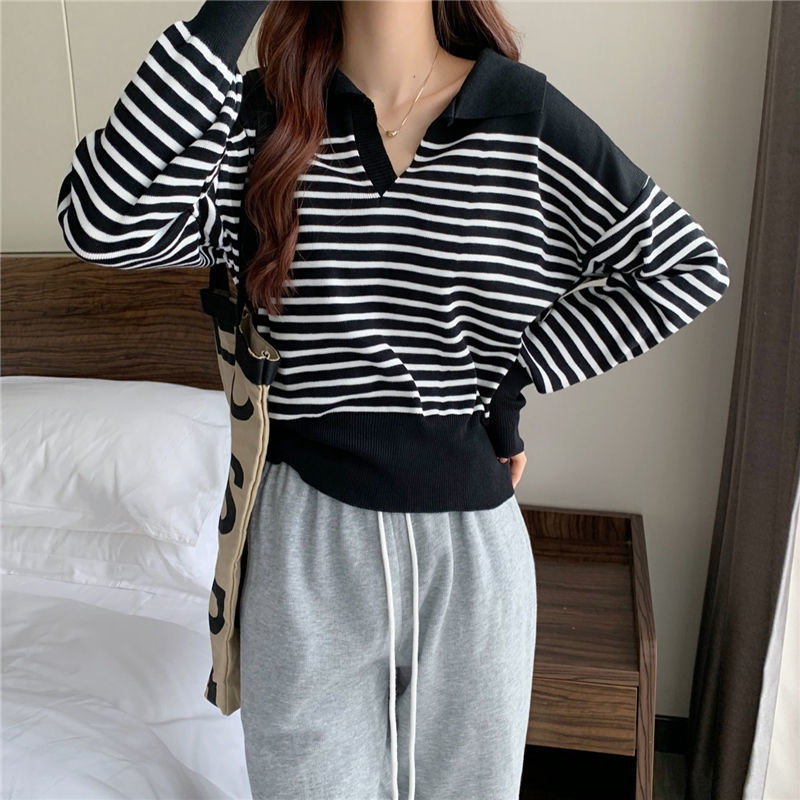 Striped Short Long-sleeved Sweater Lapel Cover l Blanqor
