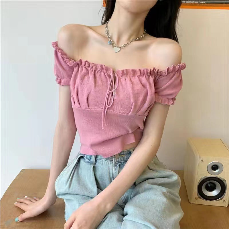 Women's Fashion Chic Collarbone Off-shoulder Design Drawstring Short Sleeve l Blanqor