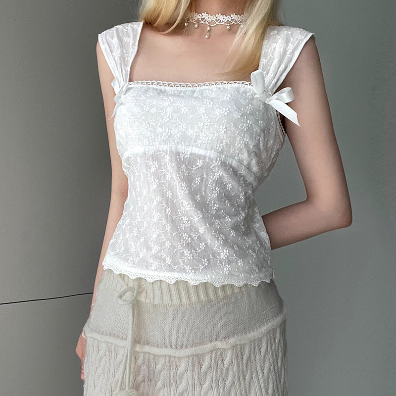 Sweet And Gentle Jacquard Inner Wear Blouse Female Bow Bandage | Blanqor