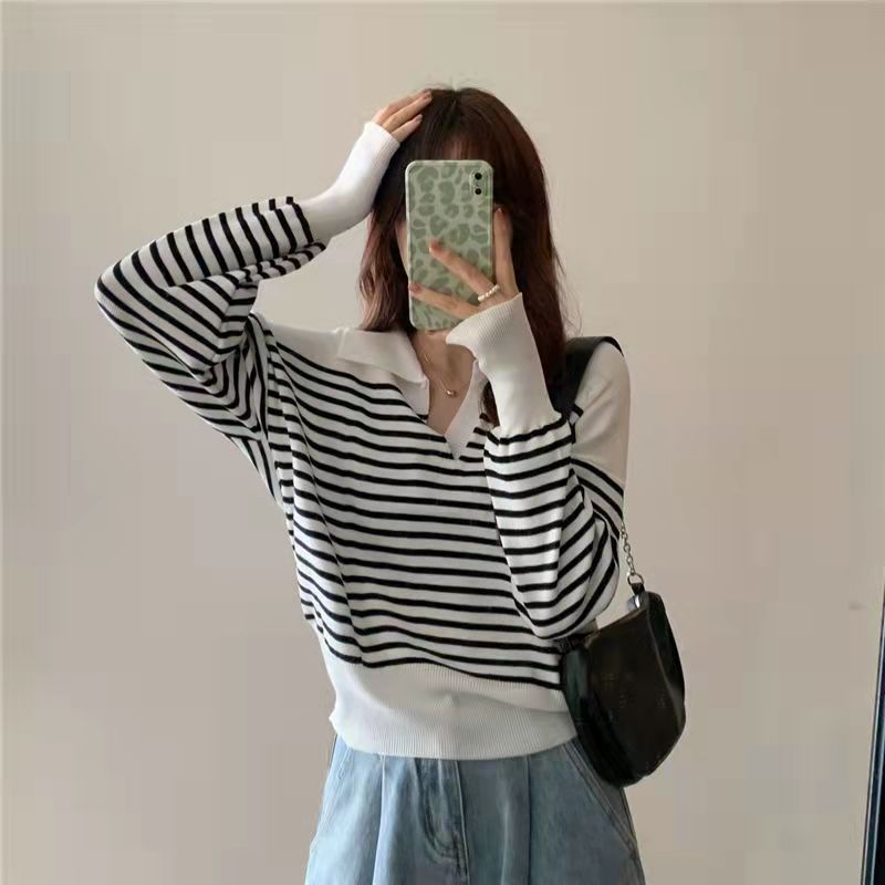 Striped Short Long-sleeved Sweater Lapel Cover l Blanqor