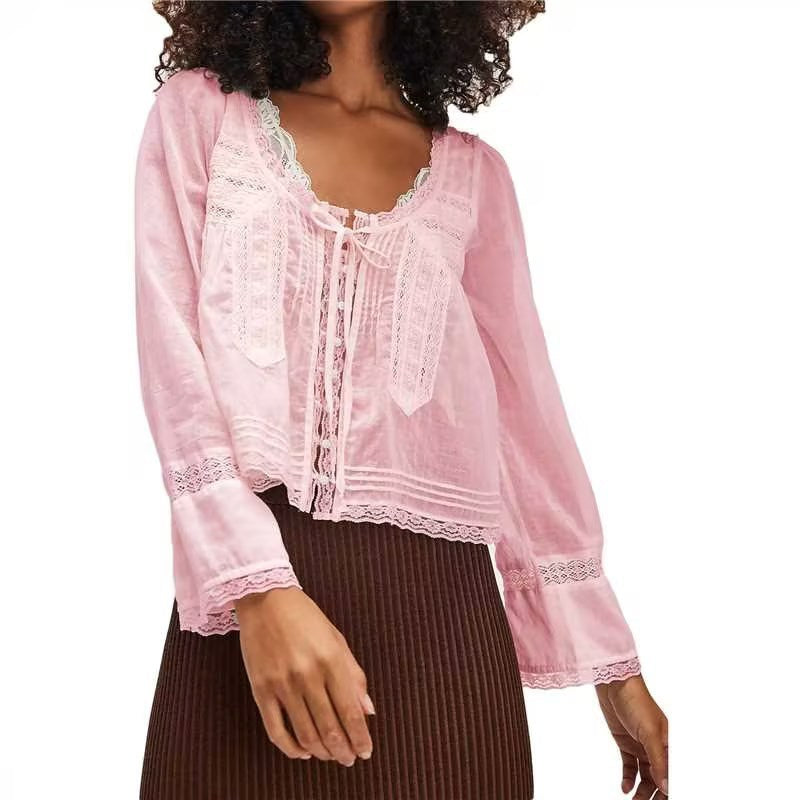 Lace U-shaped Lace Collar Long Sleeve Light Shirt | Blanqor