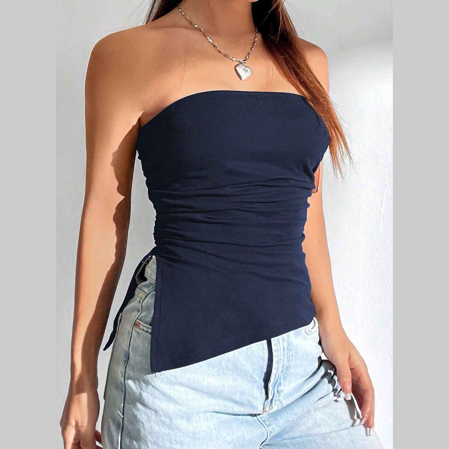 Women Solid Color Ruched Side Slit Hem Bandeau Cami Top l Blanqor