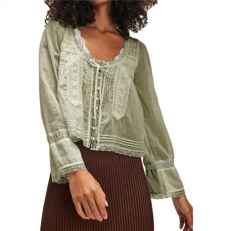 Lace U-shaped Lace Collar Long Sleeve Light Shirt | Blanqor