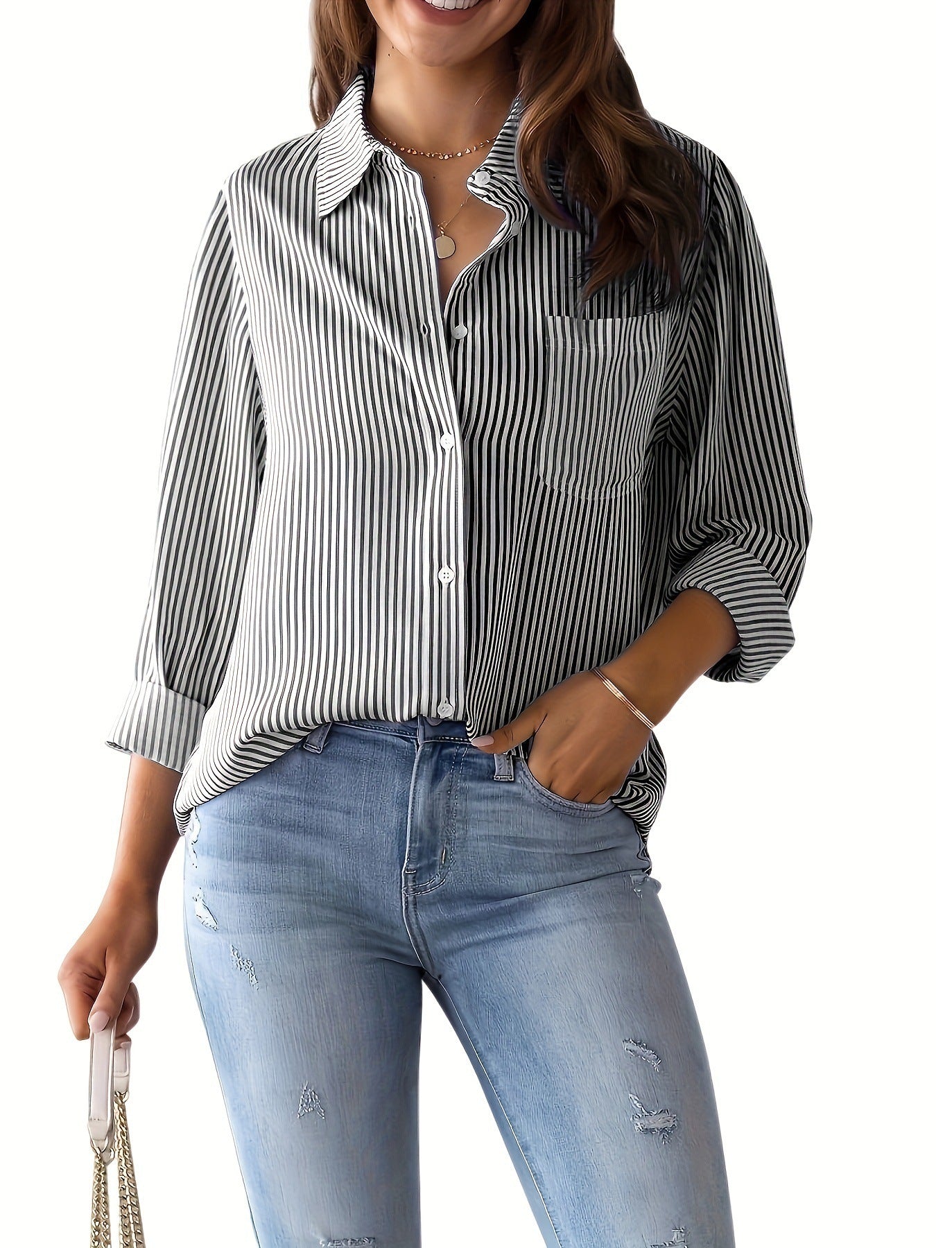 Women's Top Loose Business Casual Long Sleeved Shirt With Pockets | Blanqor