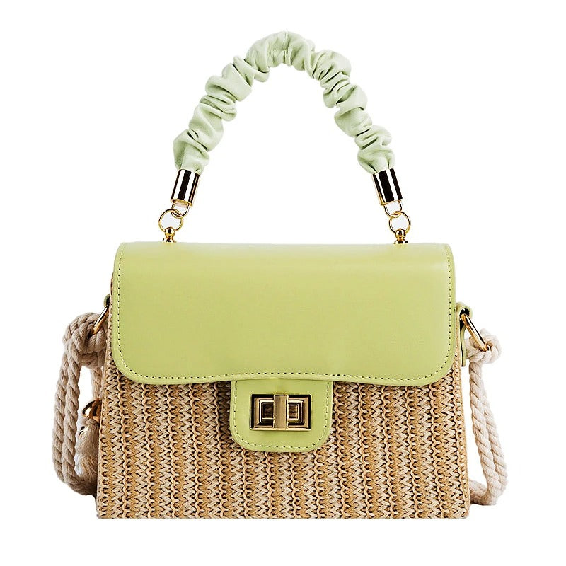 Women's Straw Beach Bag – Contrast Color, Pleated Handle, Flap Closure | Moods Boutique
