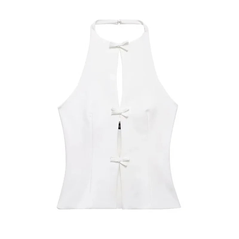 Women's Off-Shoulder Halter Crop Top – Bow Detail & Backless Design | Blanqor