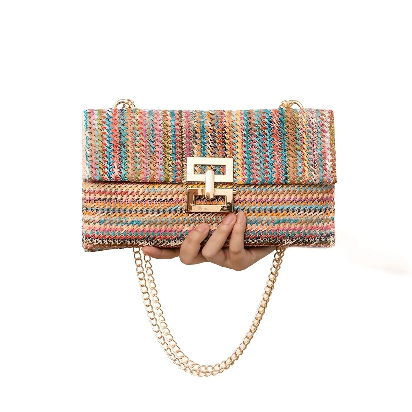 Women's Straw Envelope Clutch – Woven Texture, Chain Strap, Fold-Over Design | Blanqor