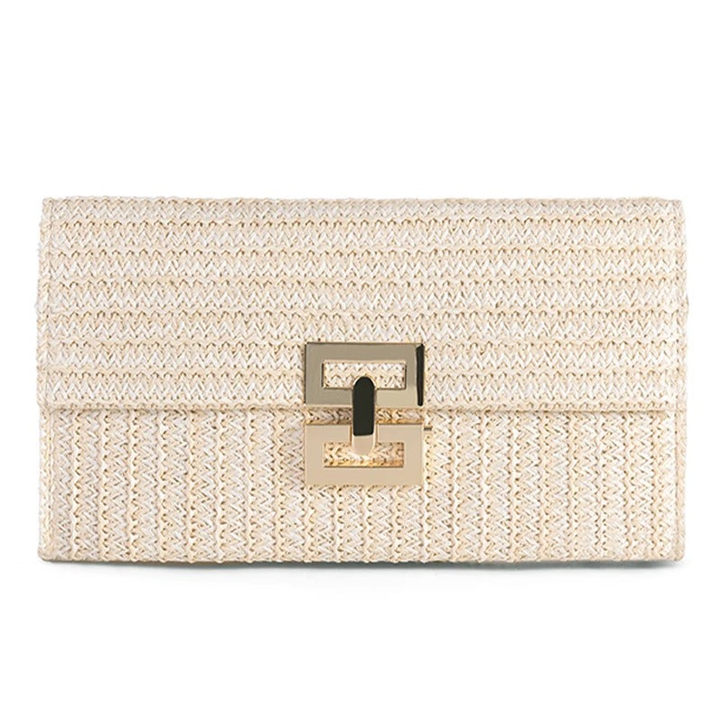 Women's Straw Envelope Clutch – Woven Texture, Chain Strap, Fold-Over Design | Blanqor