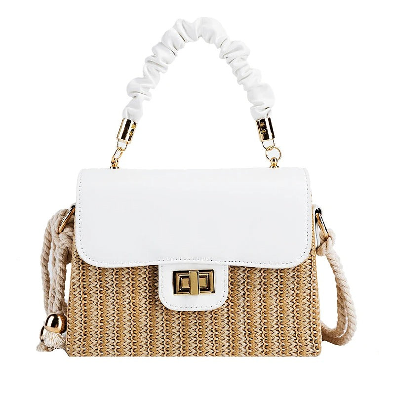 Women's Straw Beach Bag – Contrast Color, Pleated Handle, Flap Closure | Moods Boutique