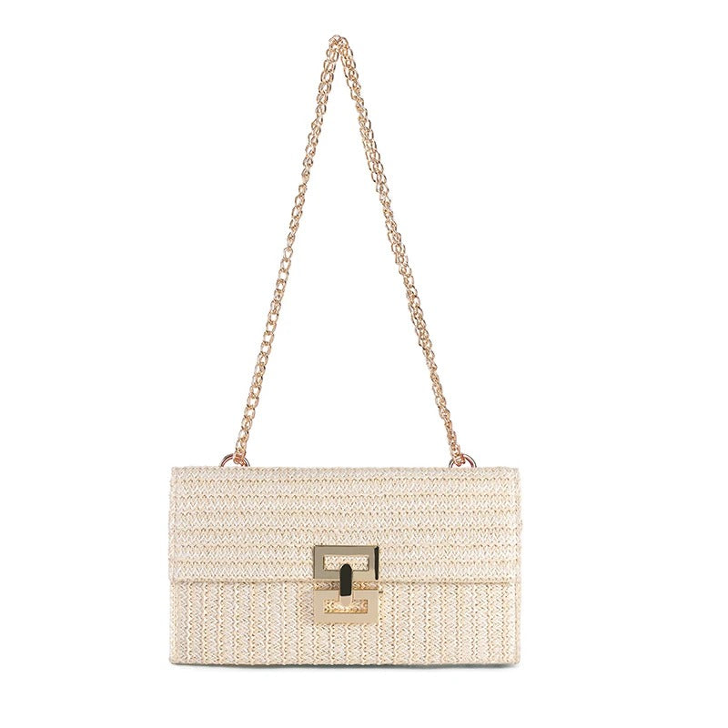 Women's Straw Envelope Clutch – Woven Texture, Chain Strap, Fold-Over Design | Blanqor