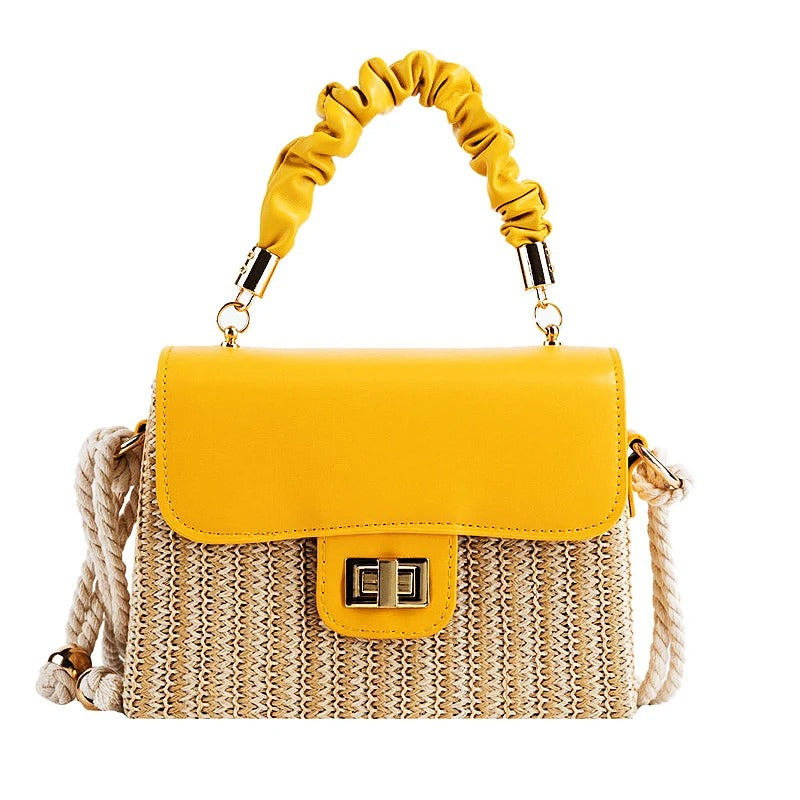 Women's Straw Beach Bag – Contrast Color, Pleated Handle, Flap Closure | Moods Boutique