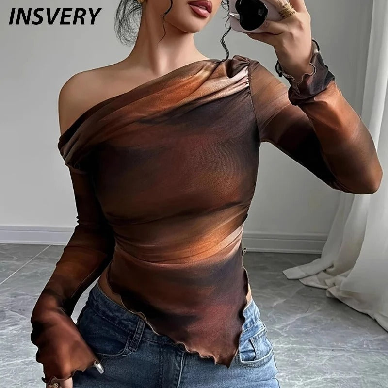 Women's Printed Off-Shoulder Long Sleeve Top – Slim Fit Crop Tee | Blanqor