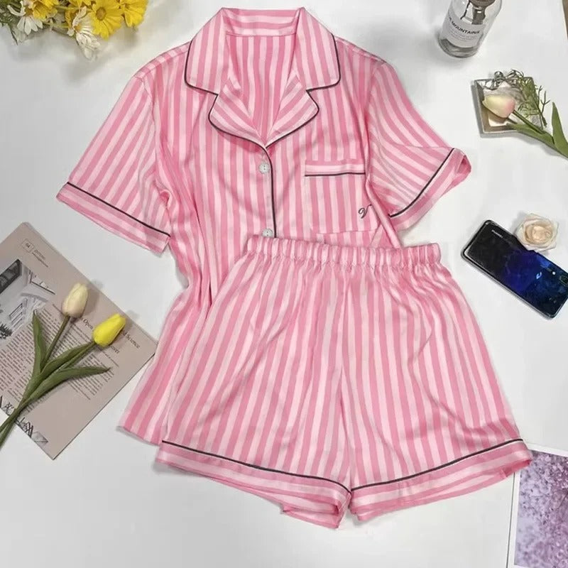Women's Pink Striped Pajama Set – Short Sleeve Lapel Top & Shorts for Summer | Blanqor