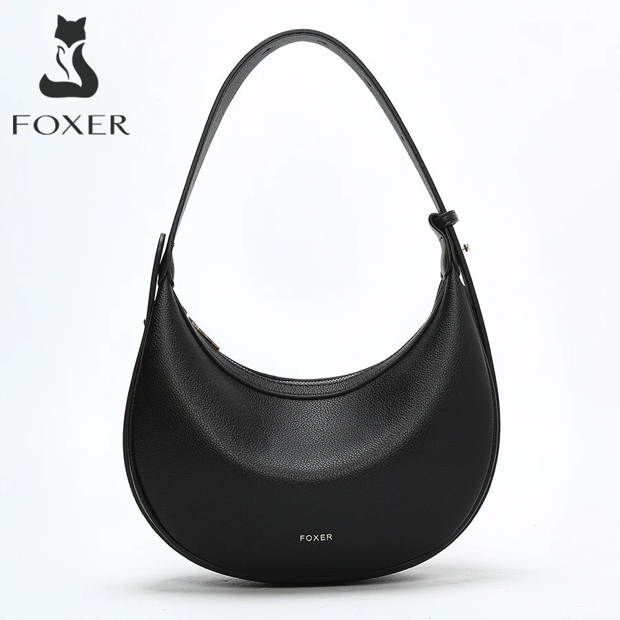 Women's Small Half-Moon Shoulder Bag – Soft PU Leather, Logo Detail | FOXER