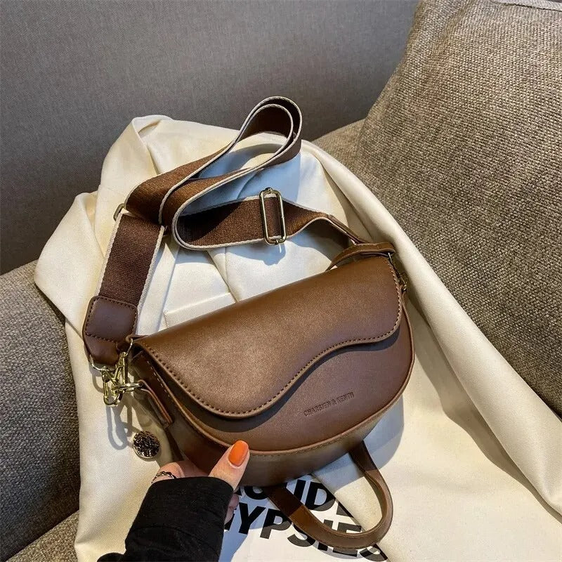Women's Vintage Saddle Shoulder Bag – Soft PU Leather, Wide Strap, Flap Closure | Yogodlns