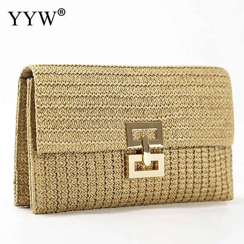 Women's Straw Envelope Clutch – Woven Texture, Chain Strap, Fold-Over Design | Blanqor